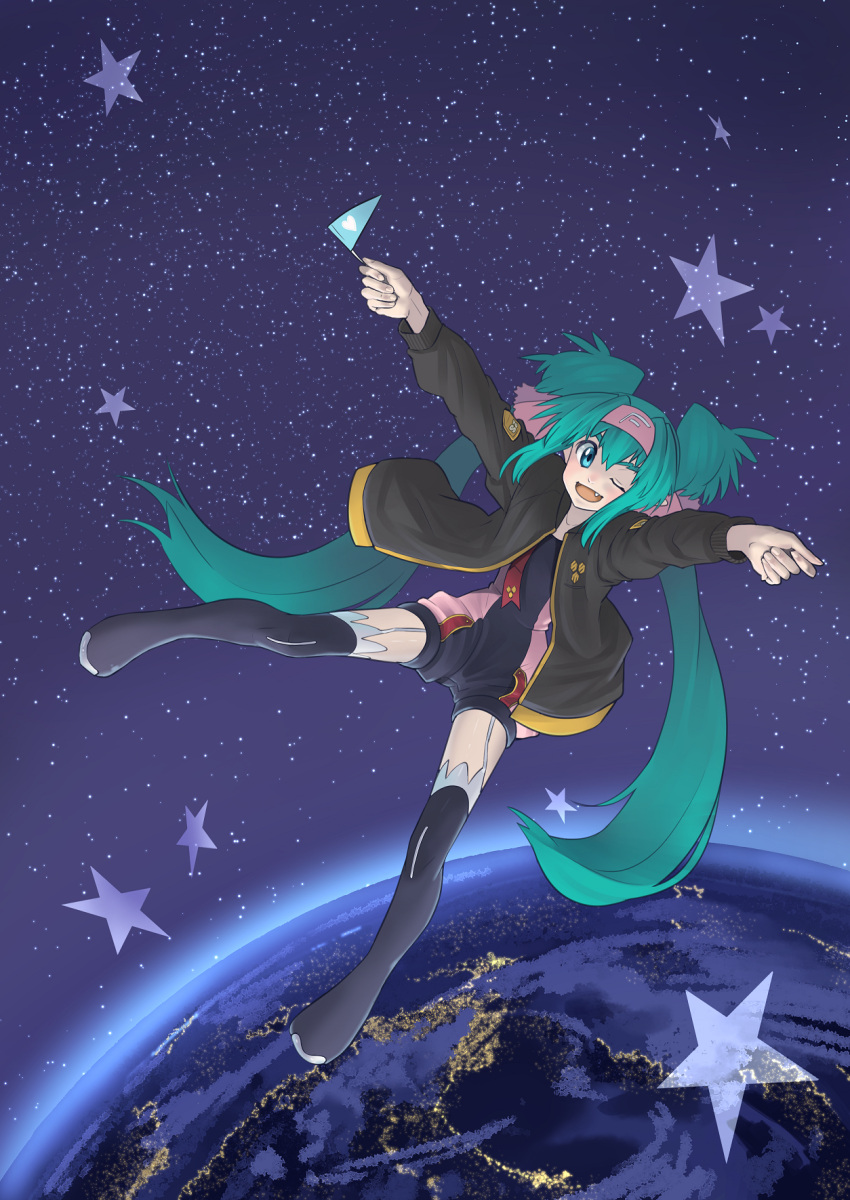 1girl, alien, blue_eyes, blue_hair, child, emblem, eyebrows, fang, flag, highres, jacket, klan_klein, long_hair, looking_at_viewer, macross, macross_frontier, meltrandi, miclone, military, military_uniform, one_eye_closed, planet, pointy_ears, s.m.s., science_fiction, space, star_(sky), twintails, uniform, very_long_hair, younger, zentradi, zero_gravity