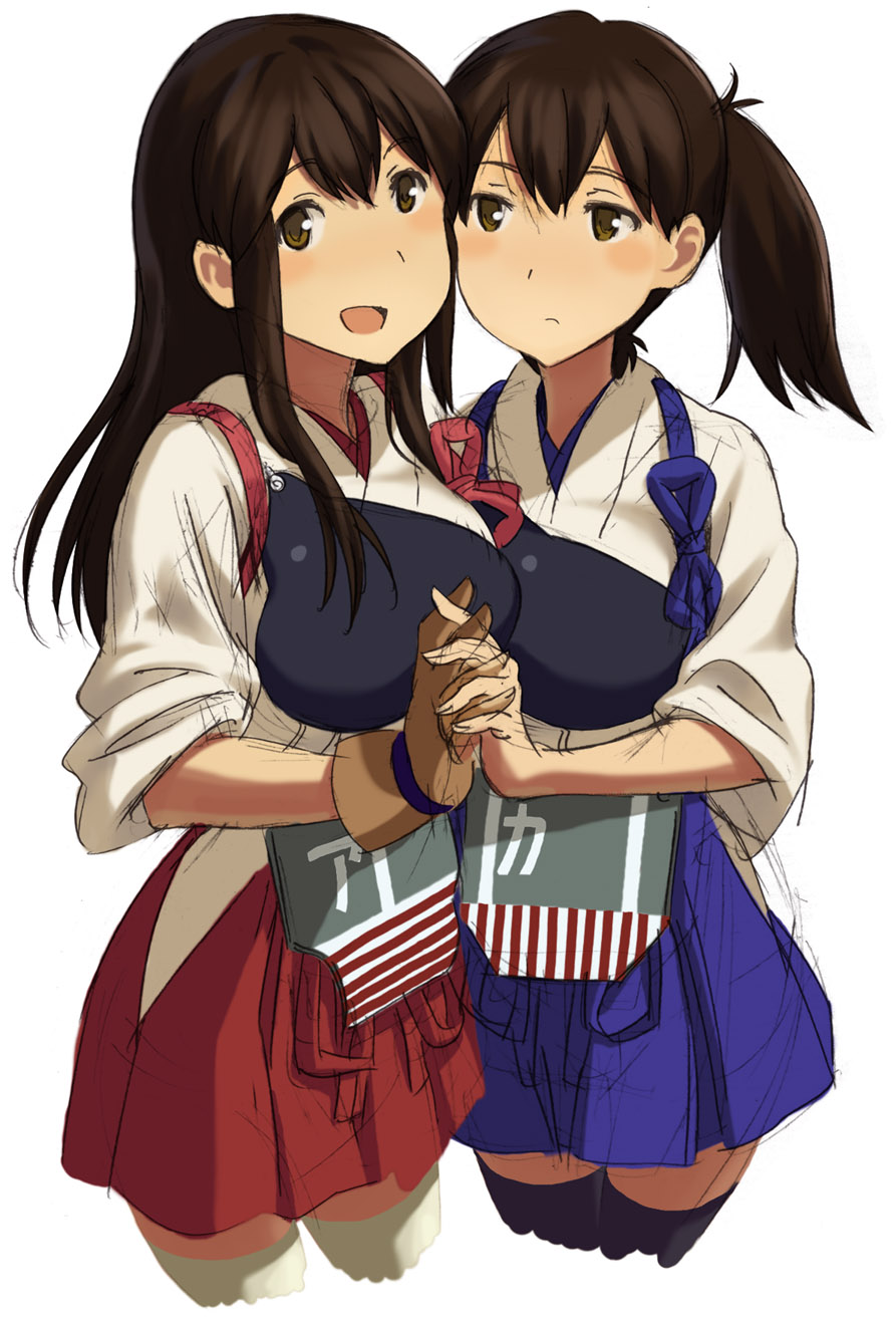 2girls, akagi_(kantai_collection), brown_eyes, brown_hair, highres, japanese_clothes, kaga_(kantai_collection), kantai_collection