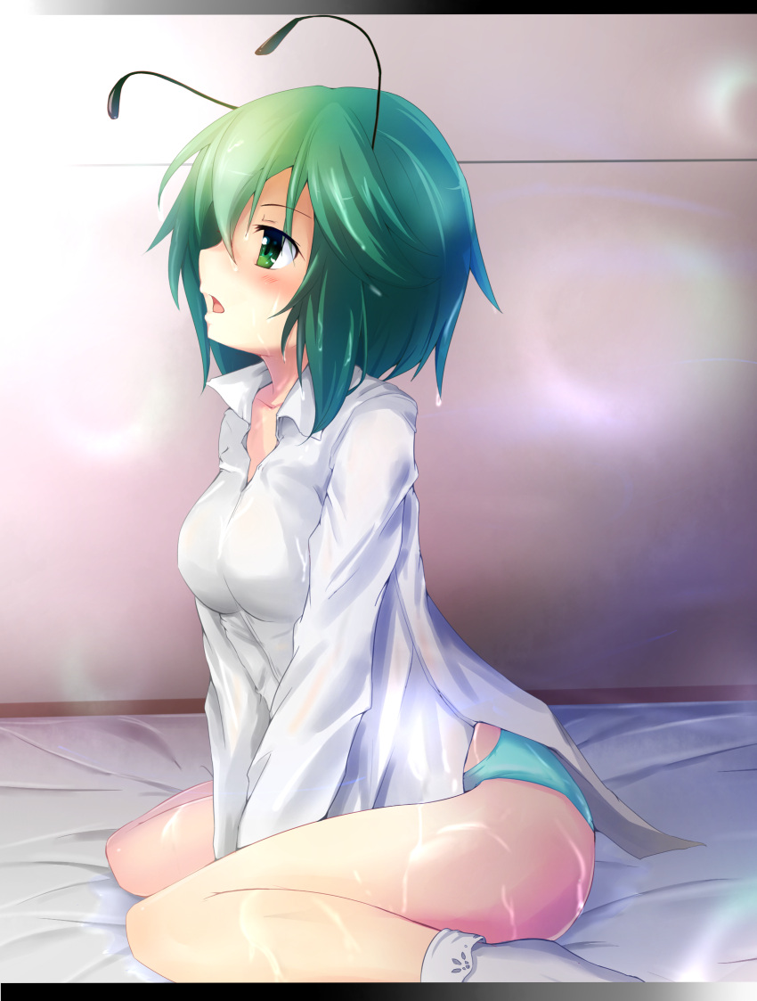 1girl, antennae, bangs, between_legs, biburu, blue_panties, collared_shirt, dripping