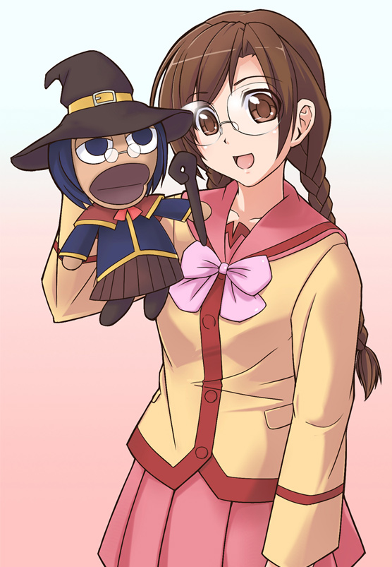 brown_eyes, brown_hair, dummy, e20, glasses, gokujou_seitokai, hand_puppet, necktie