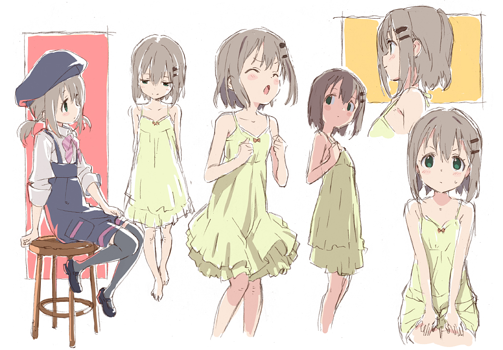 1girl, :o, arms_behind_back, blush, brown_hair, clenched_hands, closed_eyes, cropped_legs