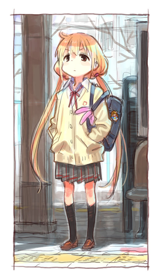 1girl, bag, blonde_hair, brown_eyes, cardigan, fugo, futaba_anzu, hands_in_pockets