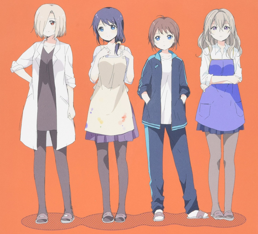 4girls, apron, azuma_shihoko, black_legwear, blonde_hair, blue_eyes, blue_hair, brown_hair