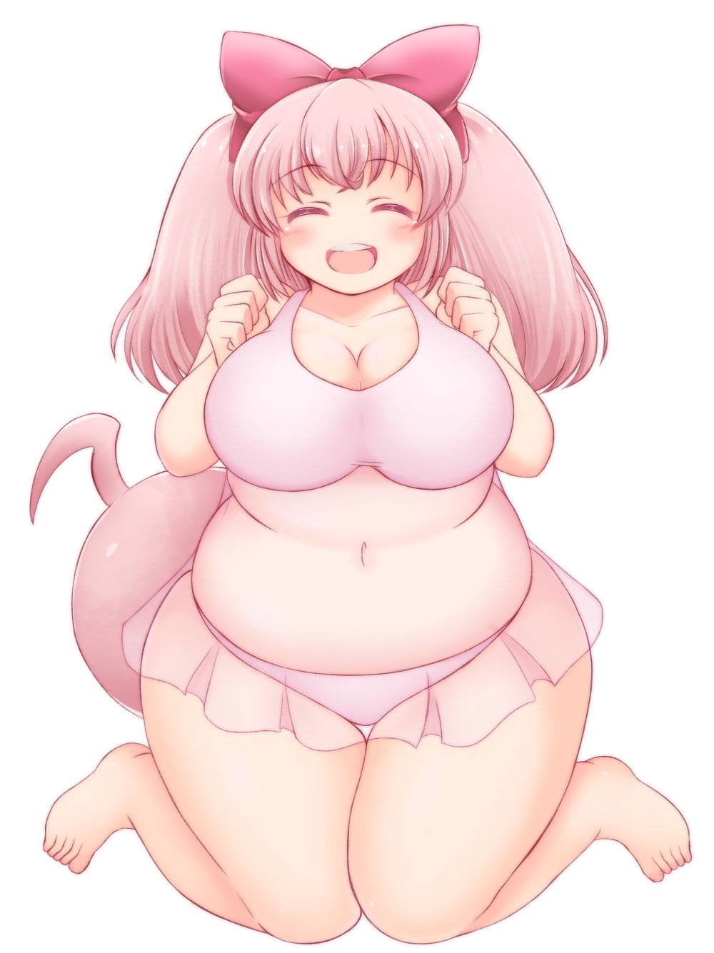 1girl, :d, ^_^, barefoot, big_belly, blush, bow, bra