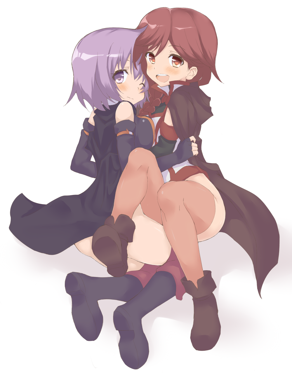 2girls, :d, black_gloves, blush, boots, braid, breasts, brown_eyes