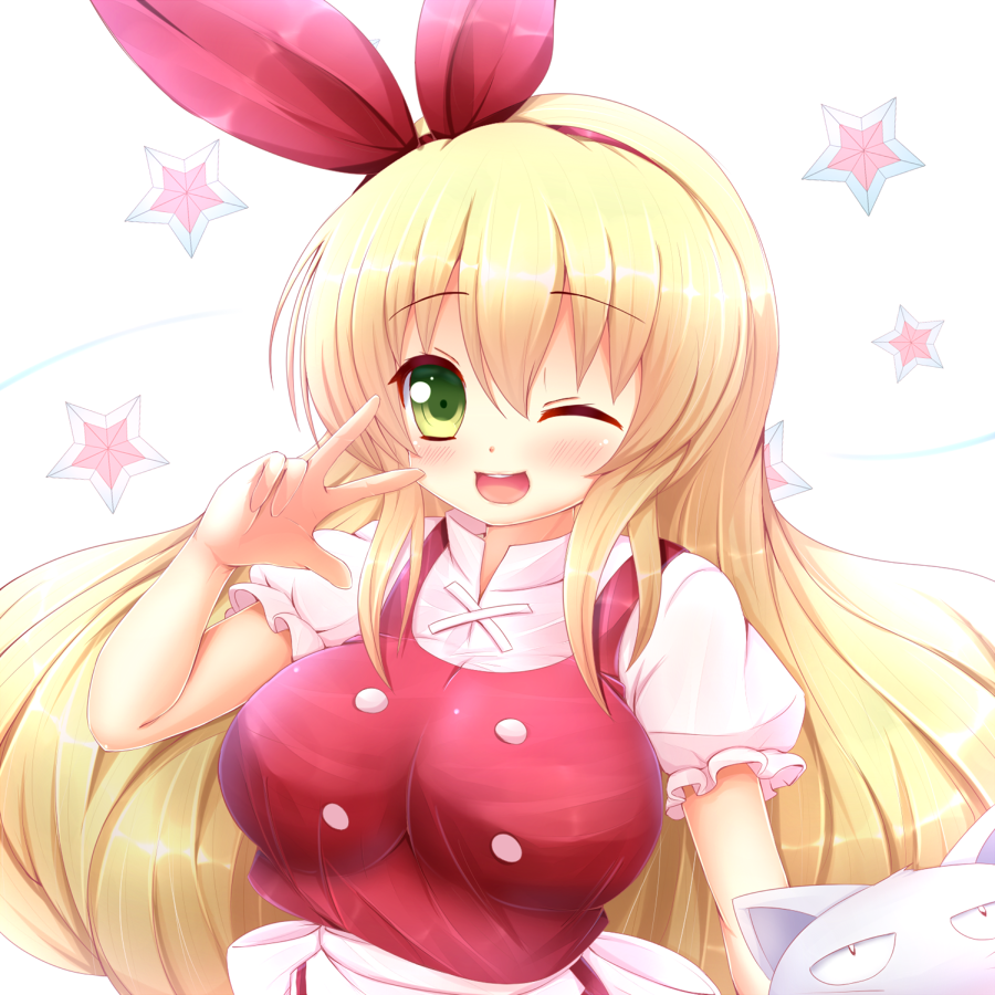 1girl, blonde_hair, breasts, cat, dress, ellen, green_eyes, hair_ribbon, kane-neko, large_breasts, long_hair, looking_at_viewer, one_eye_closed, open_mouth, puffy_short_sleeves, puffy_sleeves, red_dress, ribbon, shirt, short_sleeves, smile, sokrates_(touhou), solo, star, touhou, touhou_(pc-98), upper_body, very_long_hair
