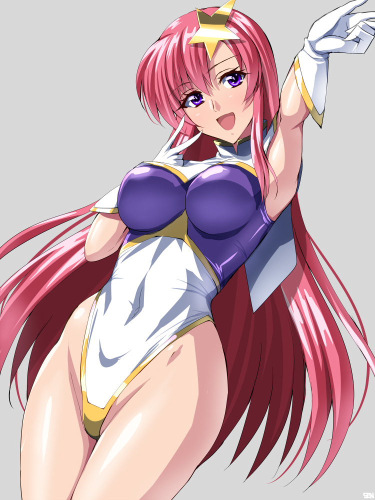 1girl, :d, armpits, blush, breasts, covered_navel, gloves, grey_background