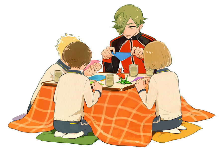4boys, blonde_hair, brown_hair, green_eyes, green_hair, hair_over_one_eye, hakata_toushirou, hhaida, hirano_toushirou, jacket, kotatsu, maeda_toushirou, male_focus, multiple_boys, origami, paper_crane, seiza, sitting, table, touken_ranbu, track_jacket, uguisumaru, yunomi