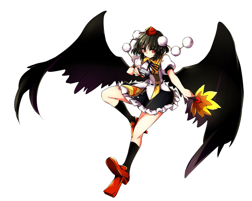 1girl, absurdres, baba_(baba_seimaijo), black_hair, black_legwear, black_wings, camera, full_body, geta, harukawa_moe_(style), hat, highres, kneehighs, looking_at_viewer, parody, pom_pom_(clothes), puffy_sleeves, red_eyes, shameimaru_aya, shirt, short_hair, short_sleeves, skirt, smile, solo, style_parody, tengu-geta, tokin_hat, touhou, transparent_background, wings