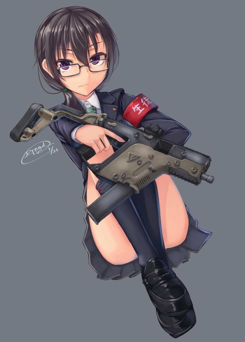 1girl, black_hair, dreadtie, glasses, gun, highres, original, short_hair