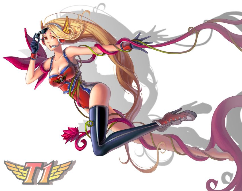 1girl, absurdres, blonde_hair, breasts, cleavage, gloves, headphones, highres, league_of_legends, long_hair, myurumyuru, open_mouth, orange_eyes, simple_background, skt_t1_zyra, solo, sunglasses_removed, vines, white_background, zyra