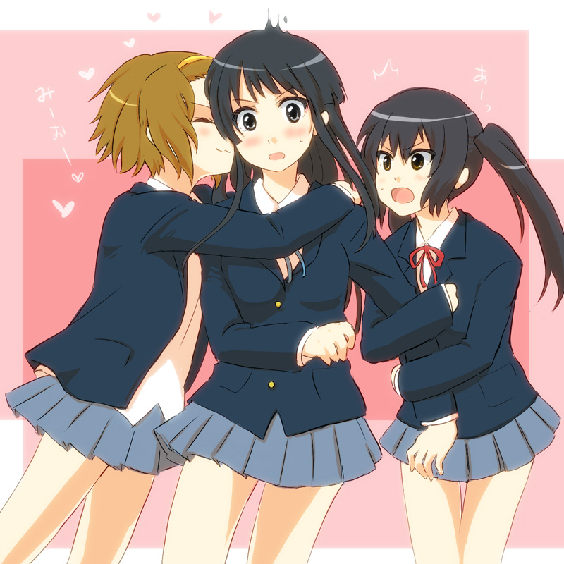akiyama_mio, arm_hug, bad_id, black_eyes, black_hair, blazer, brown_eyes, brown_hair