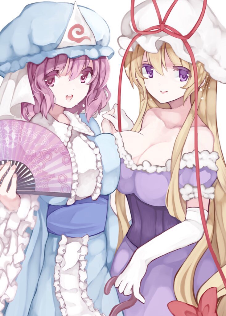 2girls, bangs, blonde_hair, bow, breast_press, breasts, cleavage, colored_eyelashes