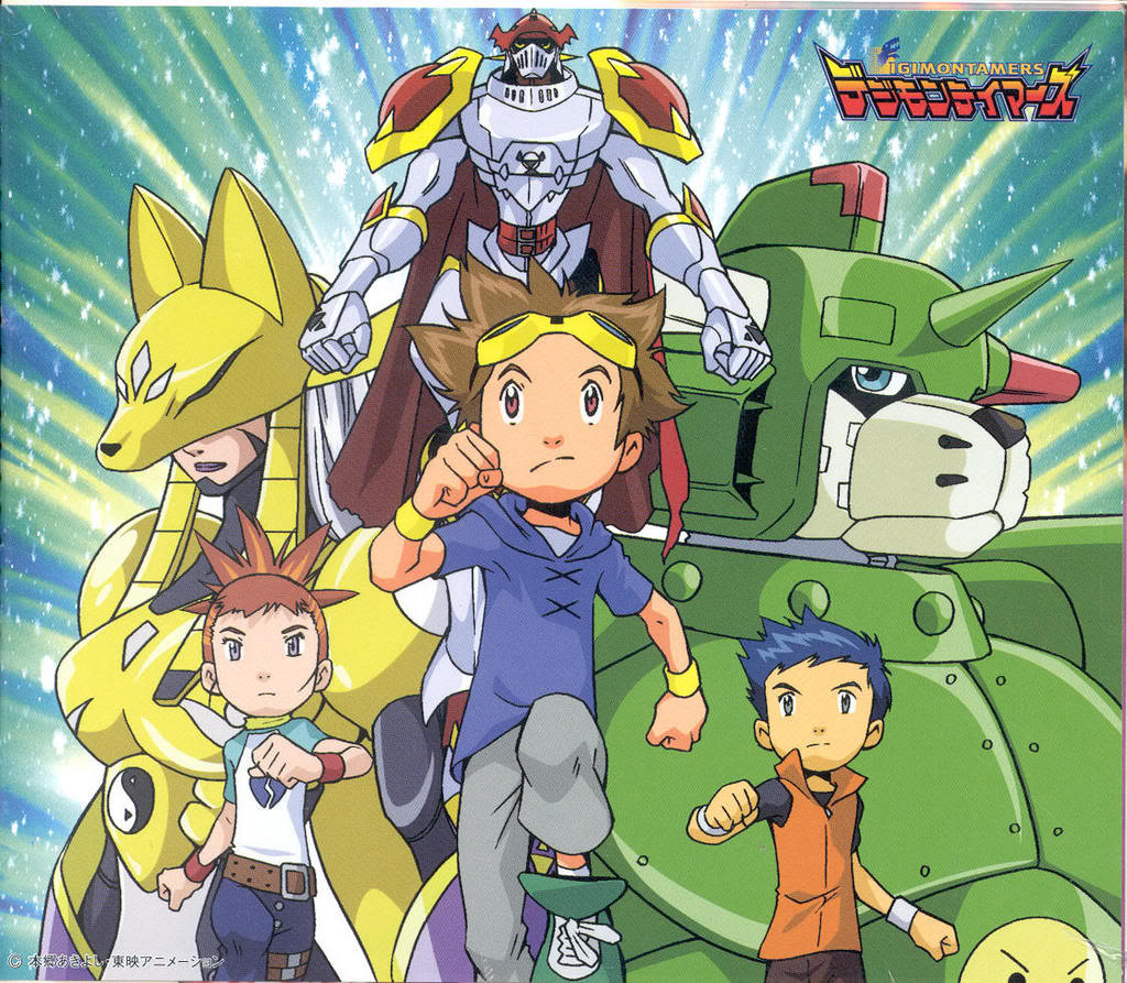 1girl, 2boys, artist_request, blue_hair, brown_hair, digimon, digimon_tamers, dukemon, goggles, goggles_on_head, li_jianliang, makino_ruki, matsuda_takato, multiple_boys, official_art, saintgalgomon, sakuyamon, wristband, yin_yang
