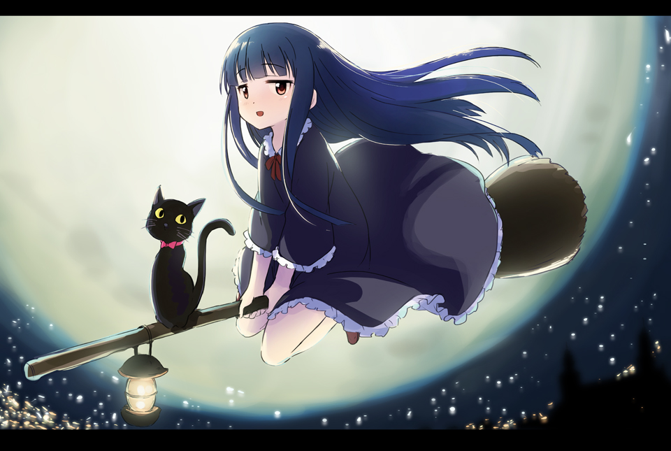 1girl, abe_kanari, bangs, black_cat, blue_hair, blunt_bangs, blush, broom, broom_riding, cat, cosplay, dress, idolmaster, idolmaster_cinderella_girls, jiji_(majo_no_takkyuubin), kiki_(cosplay), long_hair, majo_no_takkyuubin, open_mouth, red_eyes, sajou_yukimi, smile, solo