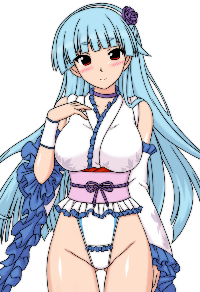 1girl, aqua_hair, blue_hair, blush, boots, breasts, detached_sleeves, flower, hair_flower, hair_ornament, hairband, japanese_clothes, kimono, leotard, long_hair, obi, red_eyes, ring_dream, rose, sash, shiraki_(the_perfect_world), solo, wrestling_outfit, yuki_onna_(ring_dream)