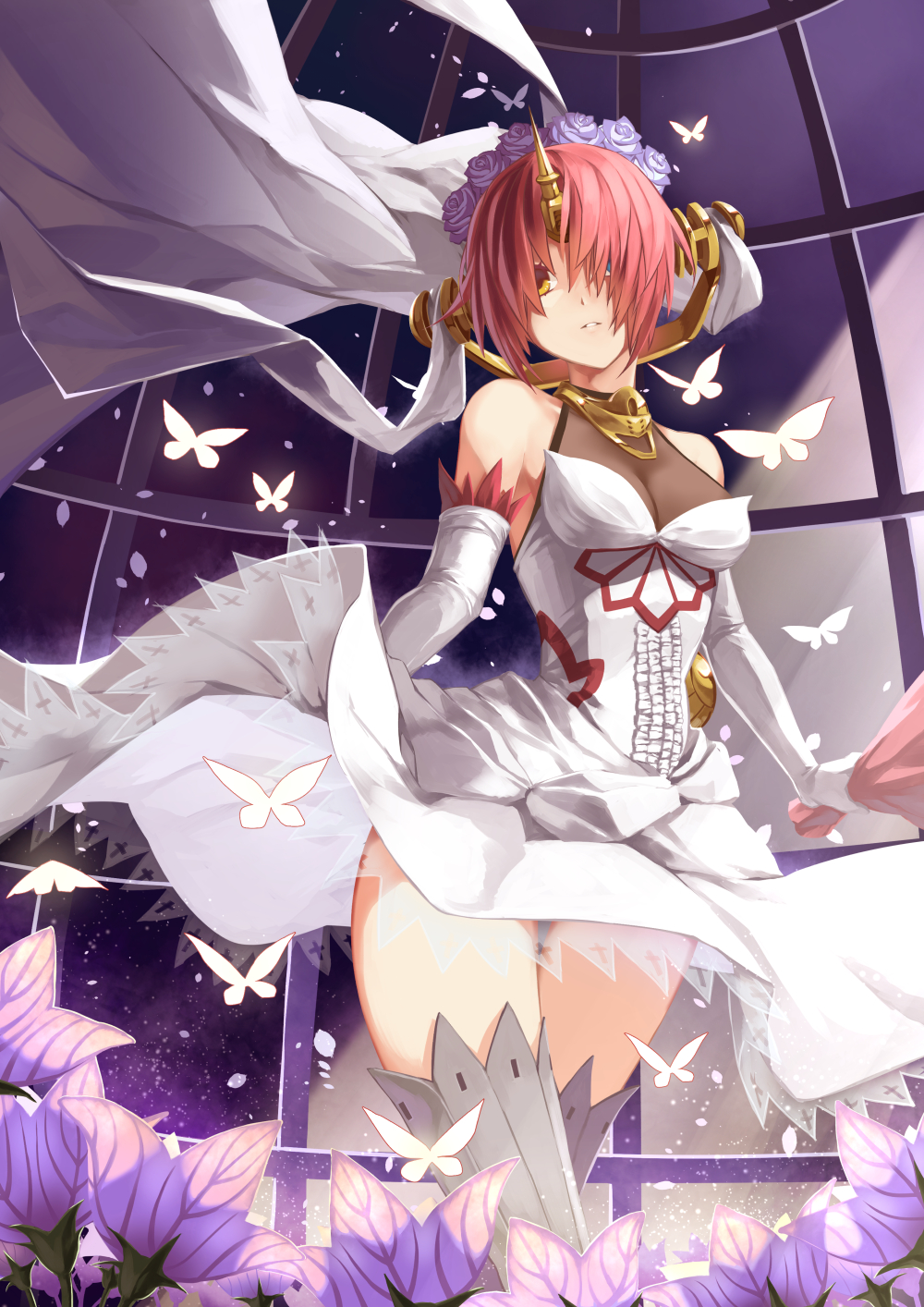1girl, berserker_of_black, blue_eyes, bouquet, breasts, butterfly, center_frills, cleavage