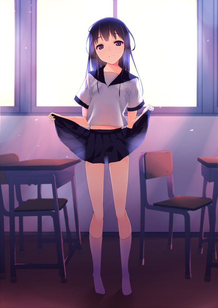 1girl, akesaka_iku, backlighting, bangs, chair, classroom, closed_mouth, desk