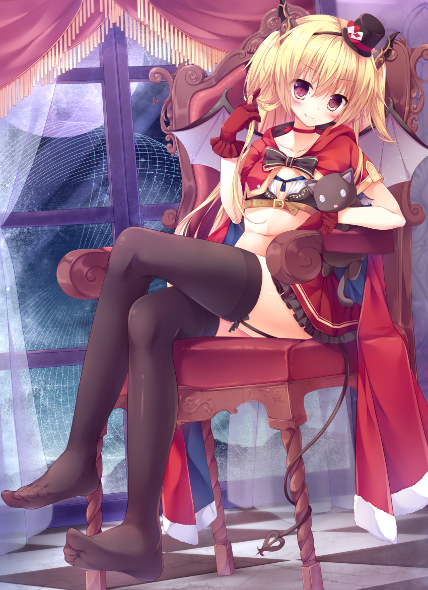 1girl, bangs, bat_wings, black_legwear, blonde_hair, blush, cape, cedama, chair, checkered, checkered_floor, collarbone, curtains, demon_tail, fang, full_moon, garter_straps, gloves, hat, highres, horns, indoors, long_hair, looking_at_viewer, mini_hat, moon, navel, original, red_eyes, red_gloves, smile, solo, tail, thigh-highs, vampire, window, wings