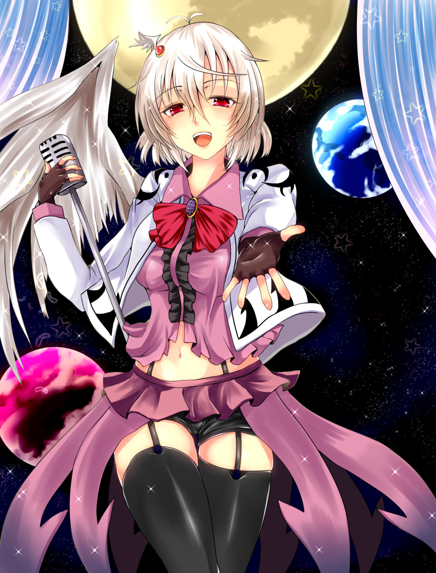 1girl, adapted_costume, bow, bowtie, dress, earth, fingerless_gloves, fujimori_tonkatsu