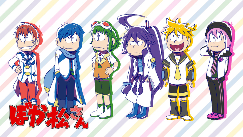 6+boys, 66_(roro), :3, arm_behind_head, beanie, blonde_hair, blue_hair, goggles