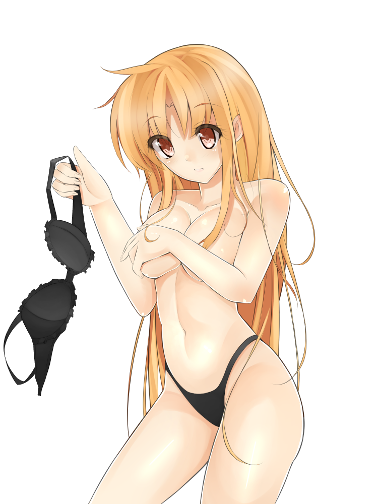 1girl, black_bra, black_panties, blonde_hair, bra, bra_removed, breasts, brown_eyes
