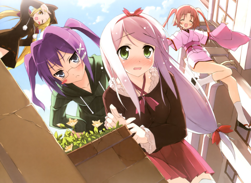 4girls, :<, :d, :o, ;d, ^_^, absurdres, animal_hat