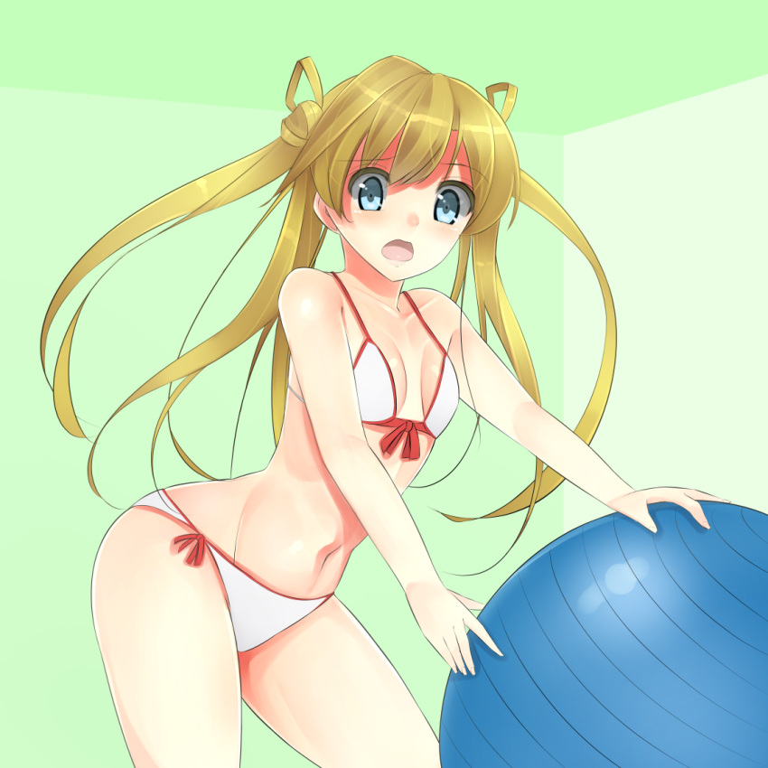 1girl, abukuma_(kantai_collection), bikini, blue_eyes, front-tie_bikini, front-tie_top, green_background, green_hair