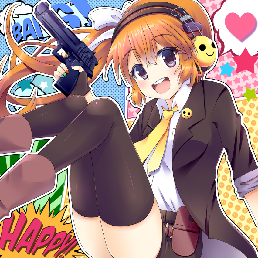 1girl, black_eyes, black_legwear, brown_hair, brown_ribbon, brown_shorts, gun, hair_ribbon