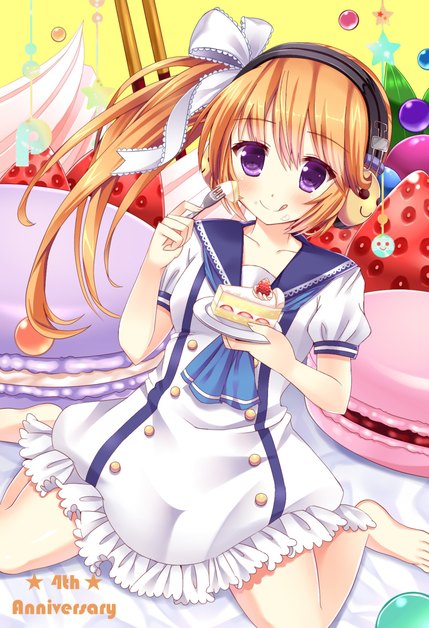 1girl, brown_hair, cake, food, hair_ribbon, highres, long_hair, rari