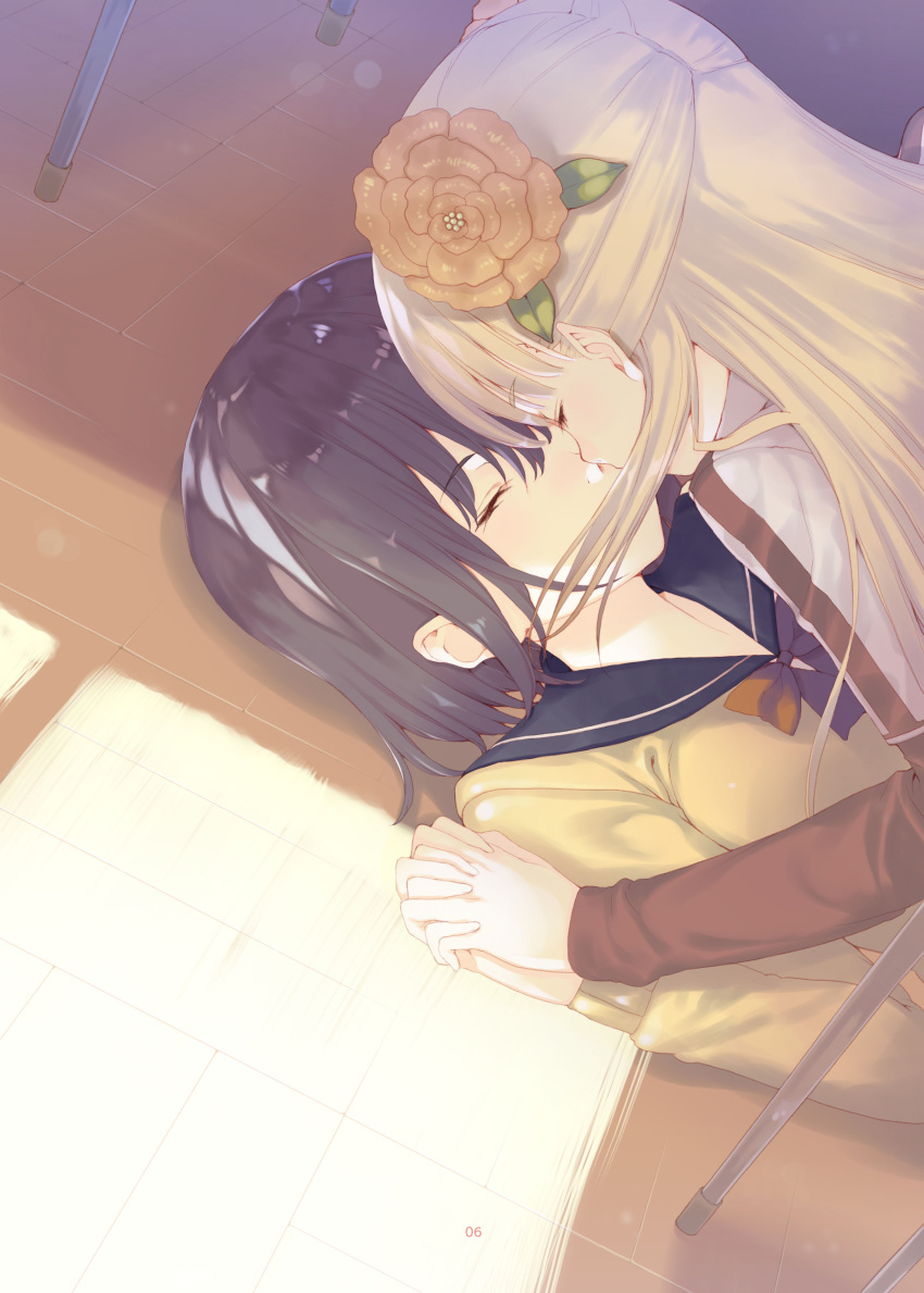 2girls, absurdres, black_hair, blonde_hair, bow, classroom, closed_eyes, flower