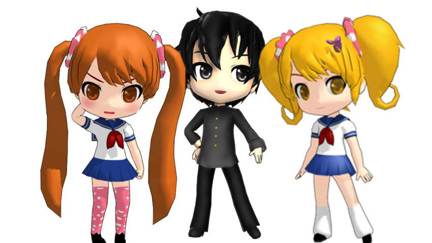 1boy, 2girls, 3d, black_eyes, black_hair, blonde_hair, chibi, chibi_only, cute, full_body, mikumikudance_(medium), multiple_girls, orange_eyes, orange_hair, osana_najimi_(yandere_simulator), rival-chan_(yandere_simulator), school_uniform, senpai_(yandere_simulator), tsundere, twintails, white_background, yandere_simulator, yellow_eyes