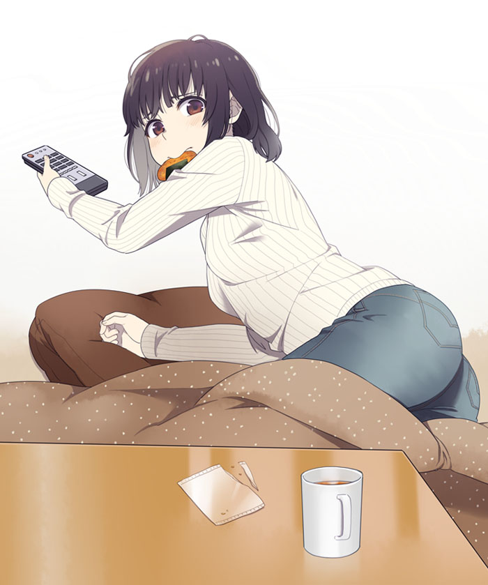 1girl, ass, bangs, black_hair, blush, brown_eyes, brown_hair, controller
