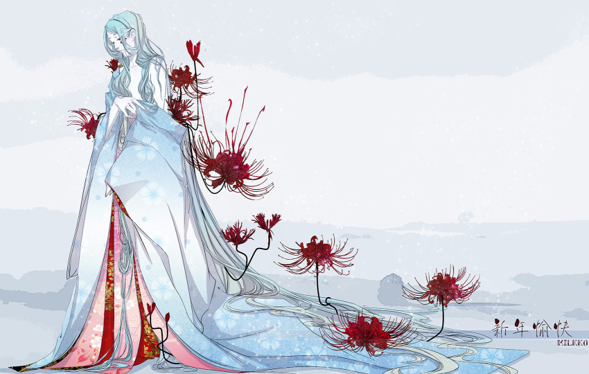 1girl, blue_hair, blue_kimono, cherry_blossoms, flower, highres, japanese_clothes, kimono