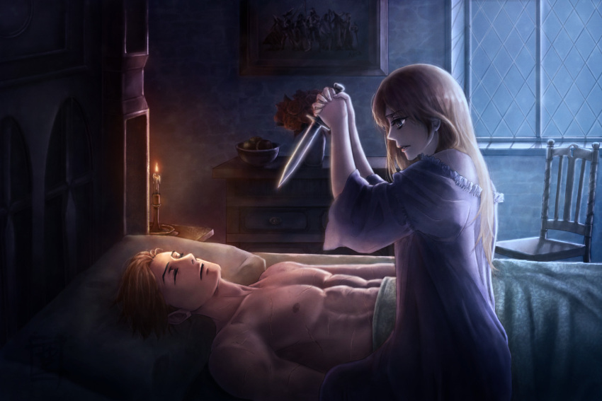 1boy, 1girl, abs, alma_beoulve, bed, blanket, breasts, chair, final_fantasy, final_fantasy_tactics, highres, isilud_tengille, knife, long_hair, nightgown, pillow, short_hair