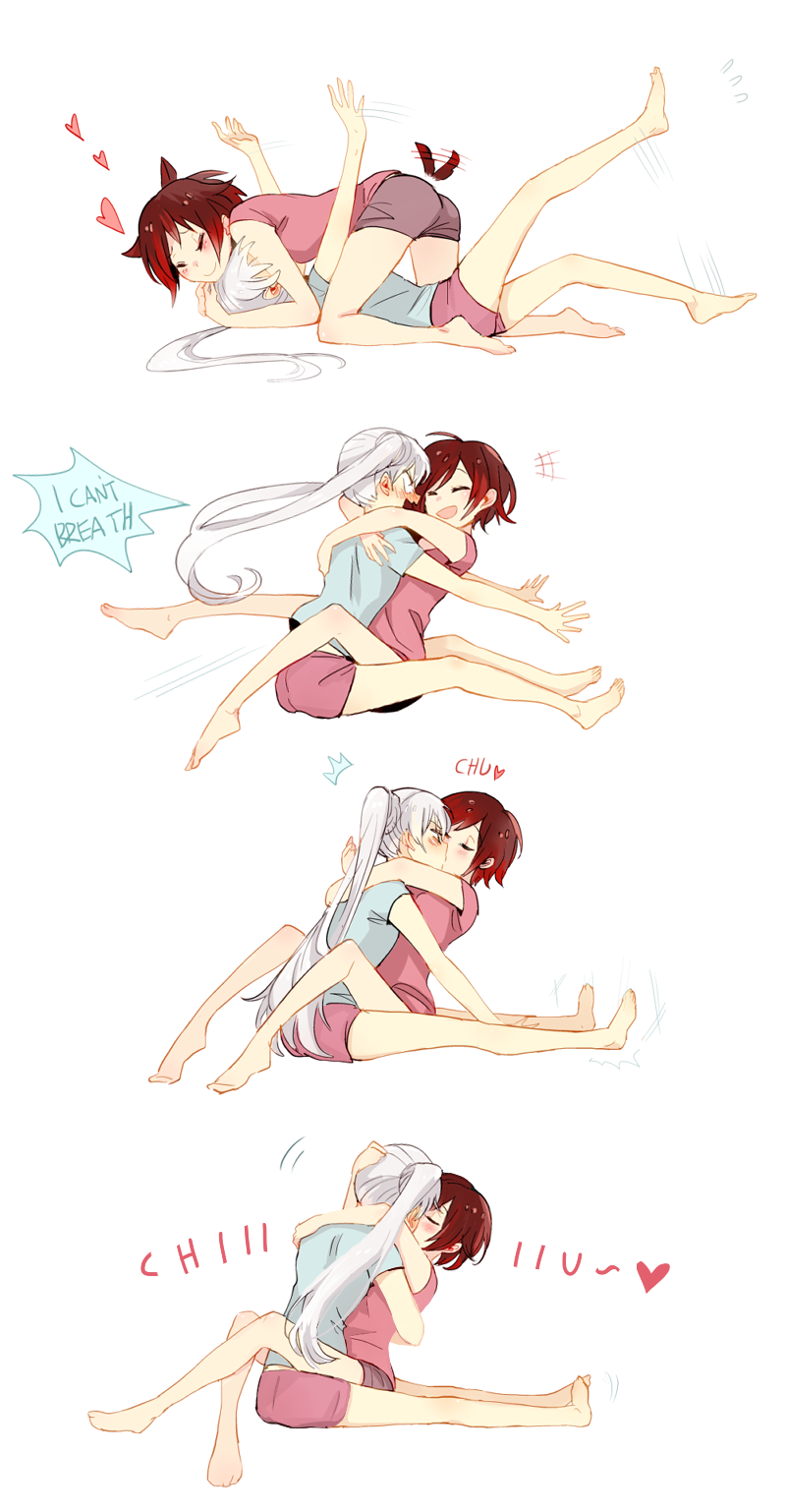 2girls, blush, brown_hair, closed_eyes, comic, english, head_in_chest, heart