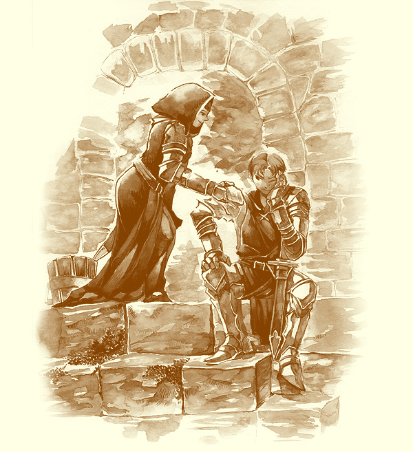 1boy, 1girl, armor, boots, breasts, brother_and_sister, brown_hair, bucket