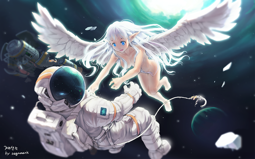 1girl, angel, angel_wings, barefoot, blue_eyes, elf, feathered_wings, feathers