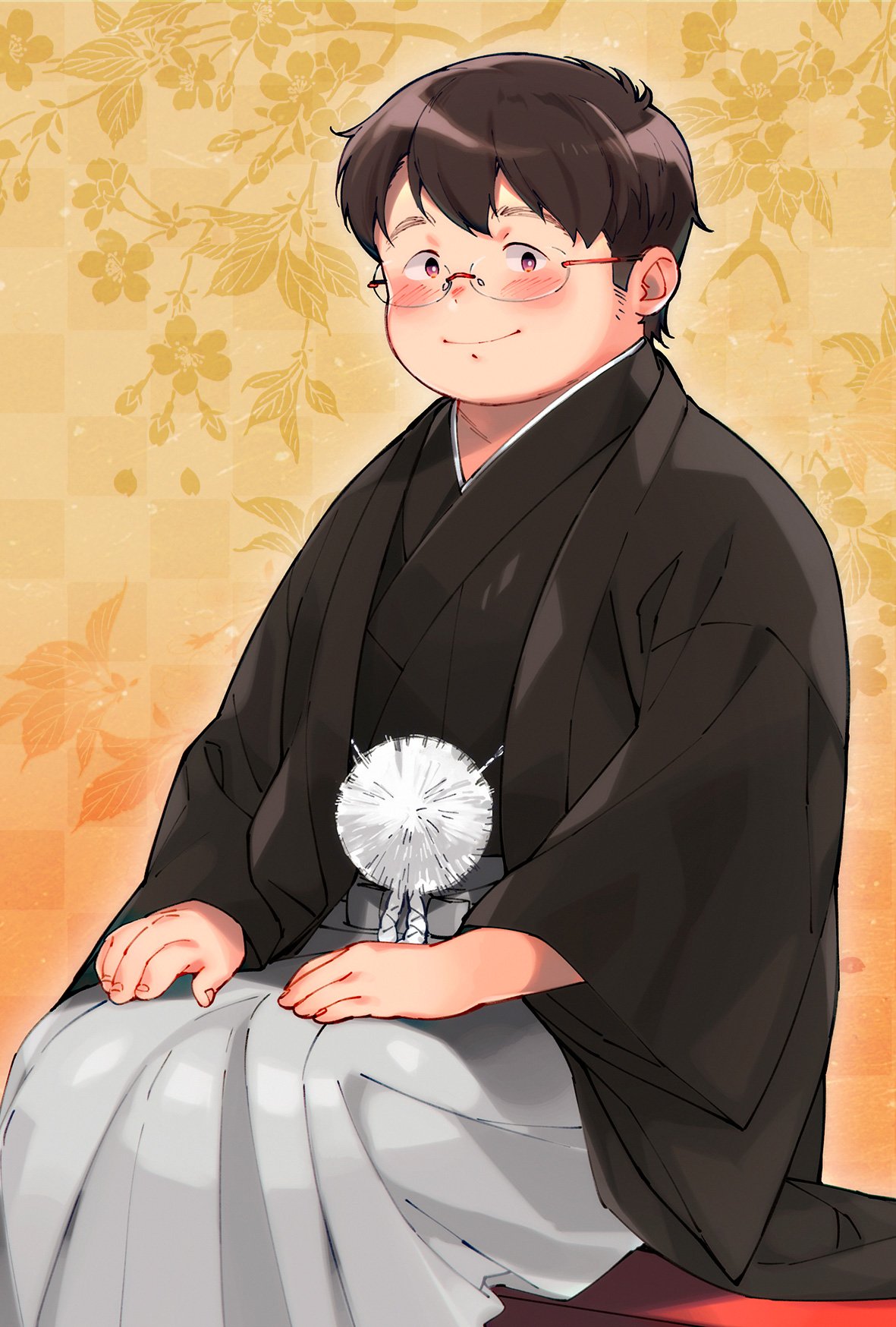 1boy, brown_eyes, brown_hair, checkered, checkered_background, glasses, gradient, gradient_background