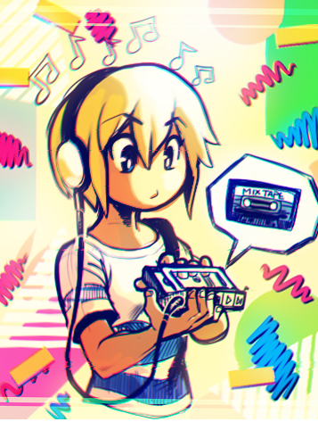 1girl, ami_dixie, blonde_hair, blue_eyes, cassette_player, headphones, looking_down, lowres