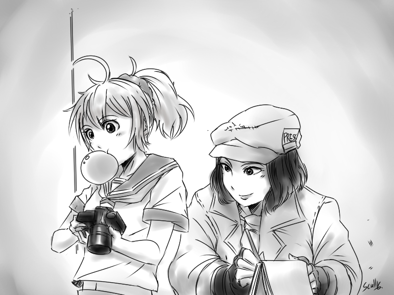 2girls, antenna_hair, aoba_(kantai_collection), bubblegum, camera, crossover, fallout, fallout_4, fingerless_gloves, gloves, hat, holding, kantai_collection, monochrome, multiple_girls, notepad, piper_wright, ponytail, school_uniform, scull, serafuku, short_hair, single-lens_reflex_camera, sketch, smile