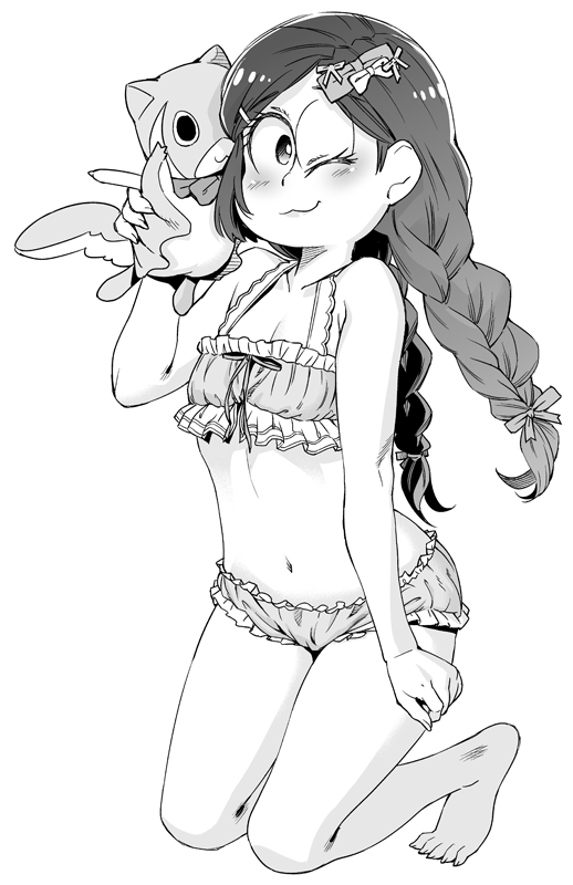 1girl, ;3, abemorioka, barrette, blush, bow, braid, genderswap, hair_bow, hair_ribbon, holding, long_hair, osomatsu-san, ribbon, solo, stuffed_toy, swimsuit, todoko_(osomatsu-san), twin_braids