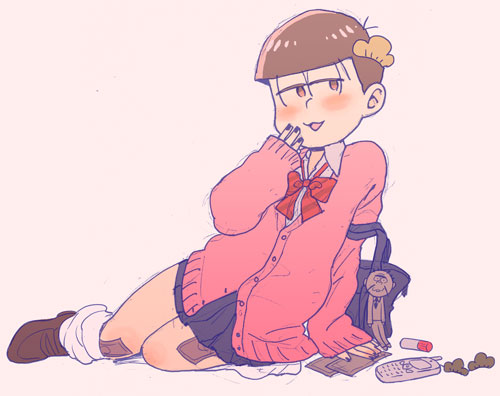 1boy, :3, bag, blush, brown_hair, cellphone, crossdressinging, hijirisawa_shonosuke