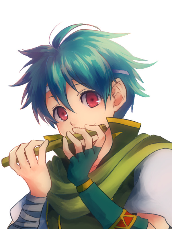 1boy, blue_hair, fingerless_gloves, fire_emblem, fire_emblem:_rekka_no_ken, flute, gloves, instrument