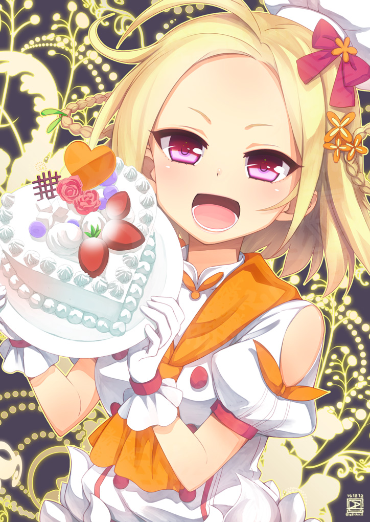 :d, ahoge, blonde_hair, braid, buttons, cake, close-up, cookie