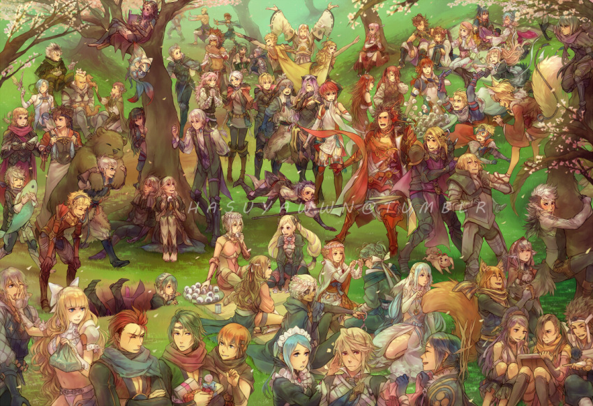aqua_(fire_emblem_if), armor, artist_name, asama_(fire_emblem_if), asura_(fire_emblem_if), bald, barefoot, bear, belka_(fire_emblem_if), benoit_(fire_emblem_if), bird, black_hair, blonde_hair, blue_hair, blush, boots, braid, brown_hair, callum_(fire_emblem), camilla_(fire_emblem_if), cape, charlotte_(fire_emblem_if), closed_eyes, crimson_(fire_emblem_if), cyrus_(fire_emblem_if), deere_(fire_emblem_if), eating, elfie_(fire_emblem_if), elise_(fire_emblem_if), eponine_(fire_emblem_if), everyone, felicia_(fire_emblem_if), fire_emblem, fire_emblem:_kakusei, fire_emblem_if, flannel_(fire_emblem_if), flora_(fire_emblem_if), flower, foleo_(fire_emblem_if), food, fuuga_(fire_emblem_if), gauntlets, gloves, green_hair, gunter_(fire_emblem_if), gurei_(fire_emblem_if), hair_bun, hair_flower, hair_ornament, hair_over_one_eye, harold_(fire_emblem_if), hasuyawn, hinata_(fire_emblem_if), hinoka_(fire_emblem_if), hisame_(fire_emblem_if), ignis_(fire_emblem_if), izana_(fire_emblem_if), joker_(fire_emblem_if), kagerou_(fire_emblem_if), kanna_(fire_emblem_if), kazahana_(fire_emblem_if), kinu_(fire_emblem_if), kisaragi_(fire_emblem_if), lance, lazward_(fire_emblem_if), leon_(fire_emblem_if), lilith_(fire_emblem_if), long_hair, low_ponytail, luna_(fire_emblem_if), lutz_(fire_emblem_if), marx_(fire_emblem_if), matoi_(fire_emblem_if), midoriko_(fire_emblem_if), mitama_(fire_emblem_if), mozume_(fire_emblem_if), multicolored_hair, multiple_boys, multiple_girls, my_unit_(fire_emblem_if), nishiki_(fire_emblem_if), nyx_(fire_emblem_if), oboro_(fire_emblem_if), odin_(fire_emblem_if), ophelia_(fire_emblem_if), orange_hair, orochi_(fire_emblem_if), pieri_(fire_emblem_if), pink_hair, polearm, purple_hair, rabbit, redhead, rinka_(fire_emblem_if), ryouma_(fire_emblem_if), saizou_(fire_emblem_if), sakura_(fire_emblem_if), scar, setsuna_(fire_emblem_if), shigure_(fire_emblem_if), shinonome_(fire_emblem_if), short_hair, siegbert_(fire_emblem_if), sitting, soleil_(fire_emblem_if), sophie_(fire_emblem_if), suzukaze_(fire_emblem_if), syalla_(fire_emblem_if), tree, tsubaki_(fire_emblem_if), tsukuyomi_(fire_emblem_if), twin_braids, twintails, two-tone_hair, velour_(fire_emblem_if), weapon, white_hair, yukimura_(fire_emblem_if), yuugiri_(fire_emblem_if), zero_(fire_emblem_if)