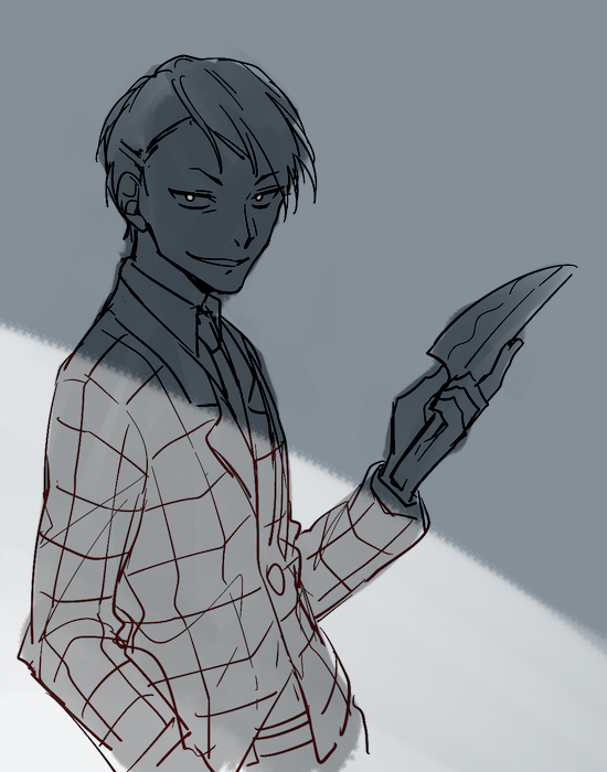 1boy, formal, greyscale, hanakan, knife, light_smile, looking_at_viewer, male_focus