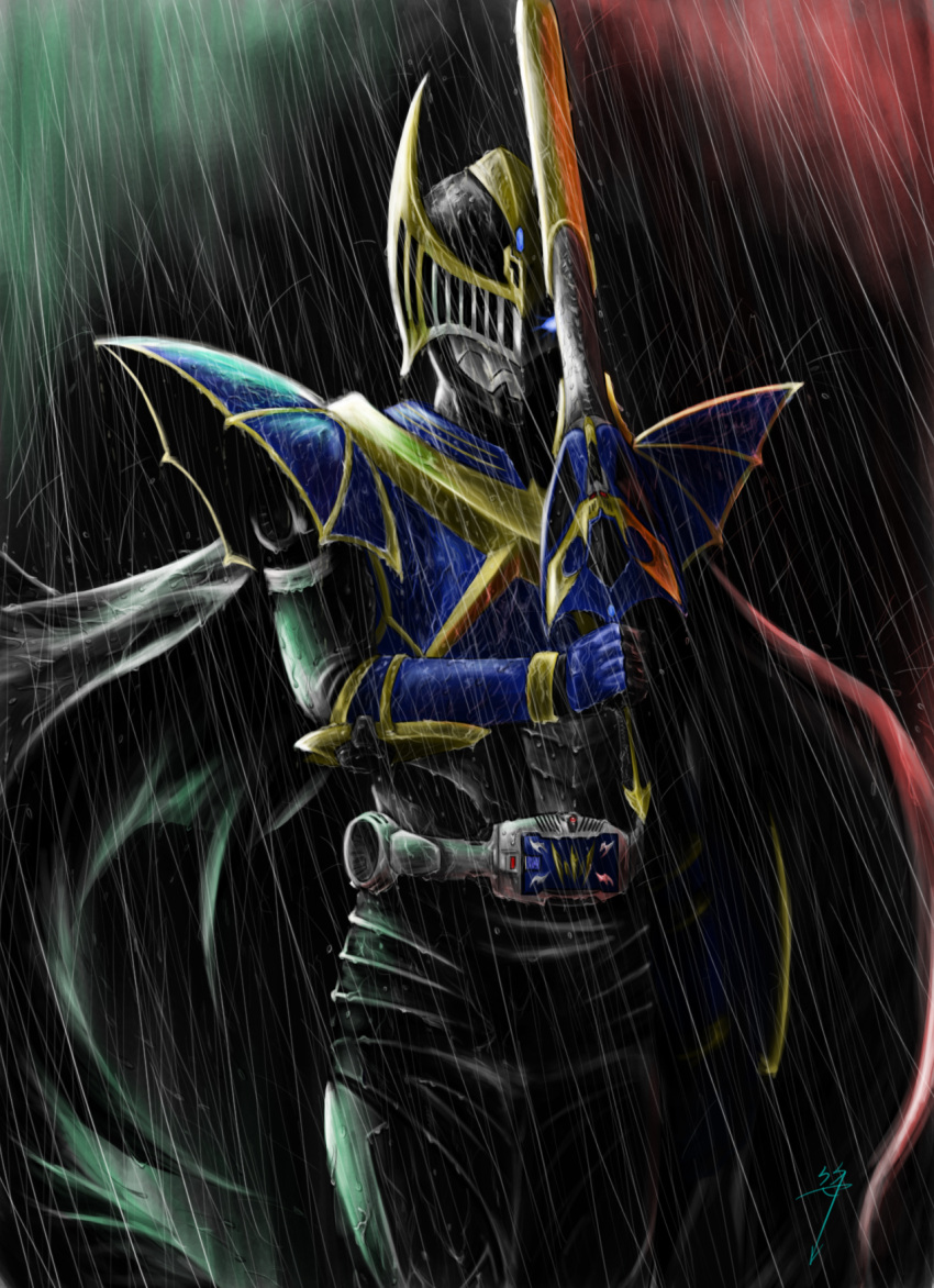 cape, dead_pepper, highres, kamen_rider, kamen_rider_knight, kamen_rider_ryuki_(series), rain, sword