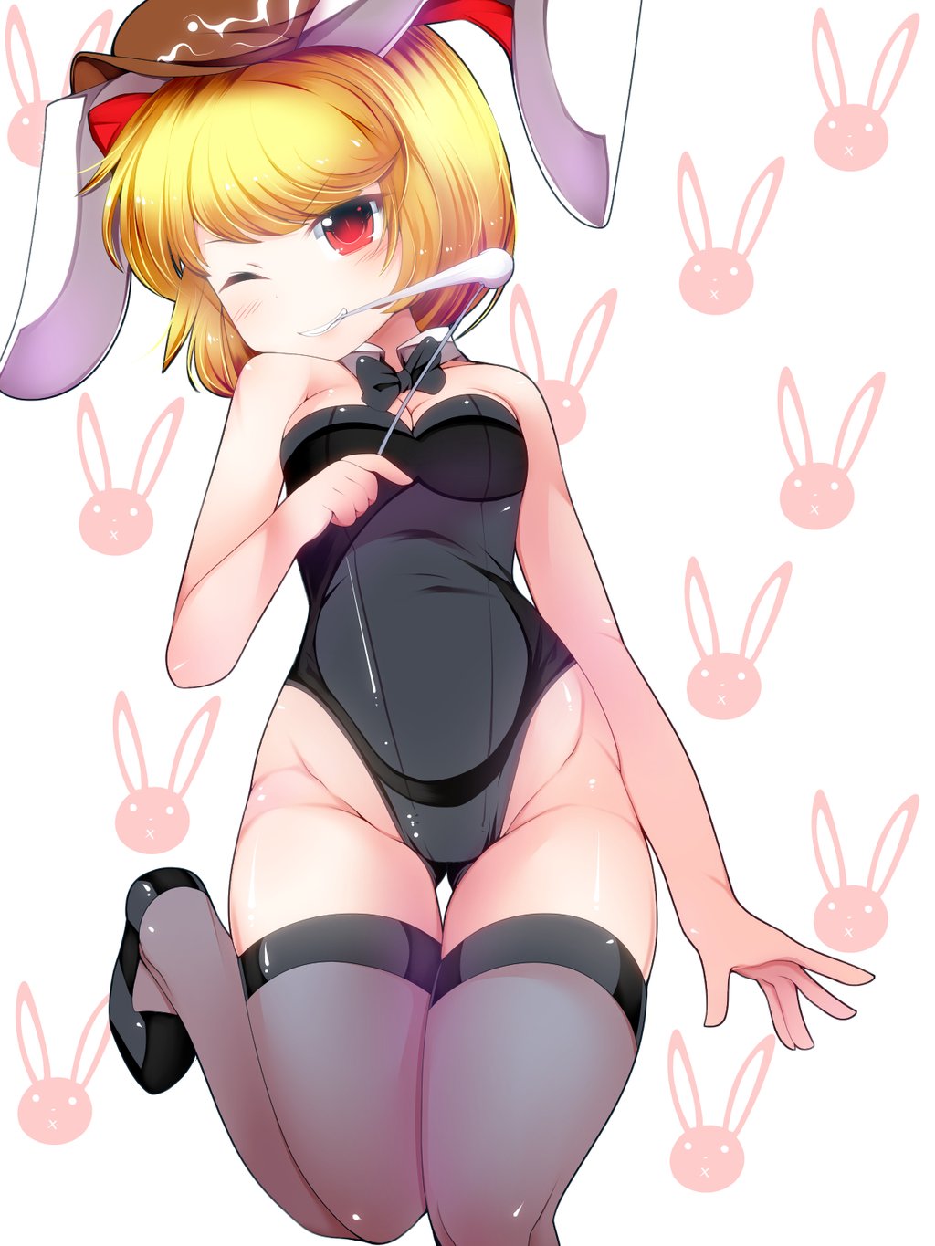 1girl, animal_ears, bare_shoulders, blonde_hair, blush, bow, bowtie, bunny_print