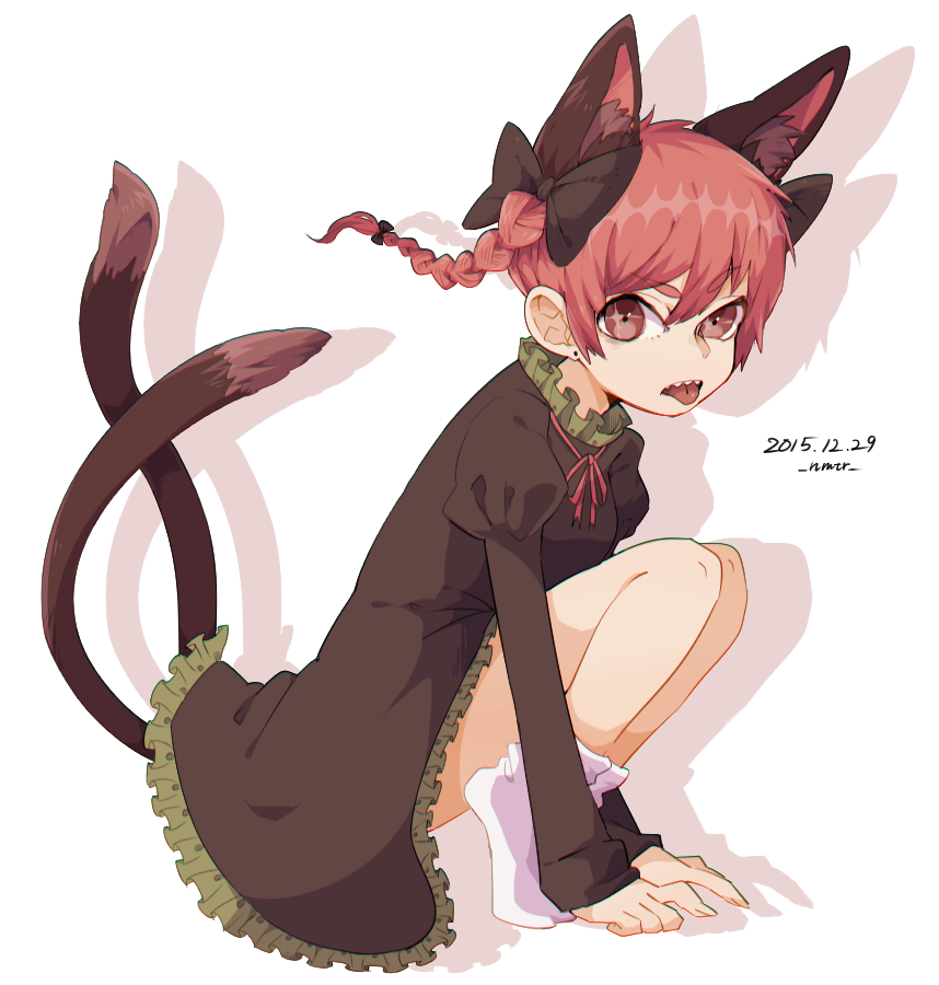 1girl, animal_ears, bow, braid, cat_ears, cat_tail, dated, dress
